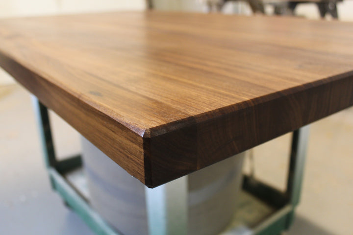 Close-up of Walnut edge grain countertop in the woodshop